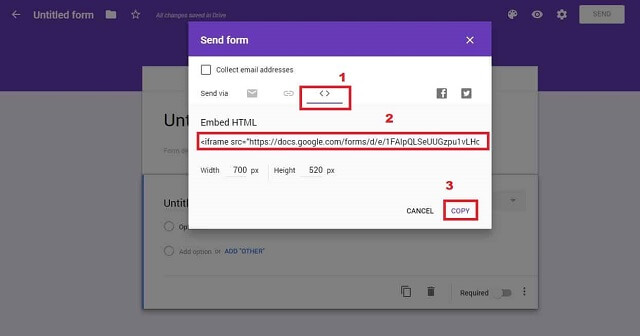 Copy the embed Code of Google forms